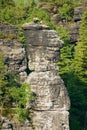 Alpinists relax on top of one of the natural columns of the Bastei rock formations in Saxon Switzerland National Park, Germany.