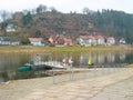 Rathen, Saxon Switzerland, Germany - March 26, 2018: The Rathen ferry is a passenger cable ferry that connects Oberrathen and