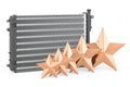 Rating of car radiator concept. Auto radiator with five golden stars, 3D rendering