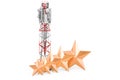 Rating of cell tower concept. Mobile tower with cellular phone antennas with five golden stars, 3D rendering Royalty Free Stock Photo