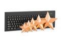 Rating of computer keyboard concept. Wireless computer keyboard with five golden stars, 3D rendering Royalty Free Stock Photo
