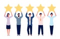 Rating concept. Characters holding gold five stars for positive feedback good review vector flat picture