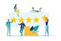 Rating of customer reviews. Positive online review, evaluation of a product or service. People give a five-star rating. Flat