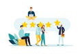 Rating of customer reviews. Positive online review, evaluation of a product or service. People give a five-star rating. Flat