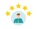 Rating of customer reviews. Positive online review, product or service rating. The man gets a five star rating. Flat vector Royalty Free Stock Photo