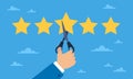 Rating decrease. Five stars, hand holding scissors, negative opinion about the company, customer voting, client feedback Royalty Free Stock Photo