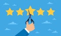 Rating decrease. Five stars, hand holding scissors, negative opinion about the company, customer voting, client feedback