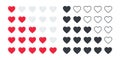 Rating hearts icons. Product rating or customer review with red hearts and half hearts. Vector icons
