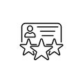 Rating, ranking, employee skills, feedback concepts. Document with human silhouette and rating stars. Vector line icon