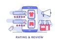Rating and review concept feedback rank star comment clothes on display smartphone screen megaphone market store white