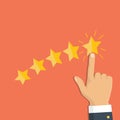 Human hands put gold rating star. Rank. Five stars. Vector. Rating selection finger. Royalty Free Stock Photo