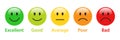 3D Rating Emojis set in different colors with label. Excellent, good, average, poor and bad emoji icons. Royalty Free Stock Photo