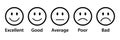 Rating emojis set in black with outline. Feedback emoticons collection. Excellent, good, average, poor and bad emojis. Royalty Free Stock Photo