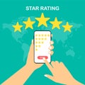 Rating. 5 stars. App evaluation. A hand holds a smartphone and assesses the stars. Feedback concept