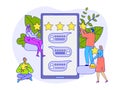 Rating with stars on large smartphone screen, vector illustration. Users man woman characters leave comments with