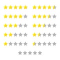 Rating stars set for product or customer review with gold and half stars flat vector icons for apps and website. isolated on white