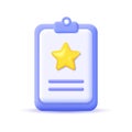 Rating, yellow star on clipboard document. Realistic 3d design In plastic cartoon style. Icon isolated on white Royalty Free Stock Photo