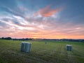 Ratingen, Germany - Beautiful sunset in the Bergisches Land region. Meadow in straw bales. Rural landscape Royalty Free Stock Photo