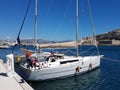 Ratonneau Island / France - may 8, 2017: Crew of sailingboat prepare our yacht to sailing. Litle yacht mooring near the pier in fr