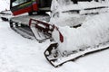 Ratrac. Ratrack, snow grooming machine prepares slopes for skiers on a ski resort in mountains. Ratrac machine for skiing slope pr