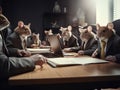 Rats in business suits engaged in a boardroom meeting