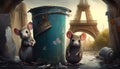 Cute rats among the rubbish on the street in Paris by Generative AI