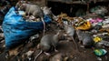 A swarm of rats scavenges through discarded scraps.