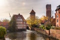 Ratsmuhle or old water mill and Wasserturm or water tower on Ilmenau river in Luneburg. Germany