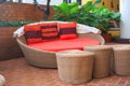Rattan armchair furniture in garden. Royalty Free Stock Photo