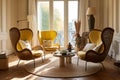 Rattan armchairs and table near bay window with cushions in cozy room. Generative AI