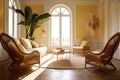 Rattan armchairs and table near bay window with cushions in cozy room. Generative AI