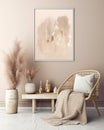 Rattan chair near wooden bench and poster frame on beige wall. Boho interior design of modern living room. Created with generative Royalty Free Stock Photo