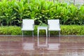 Rattan chairs and table in empty garden Royalty Free Stock Photo