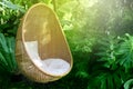 Rattan oval hanging chair witht pillow in tropical plant Royalty Free Stock Photo