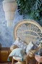 Rattan peacock chair and big monstera plant in loft room