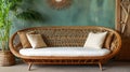 Bohemian Rattan Sofa With Pillows In Minimalist Interior Royalty Free Stock Photo