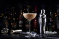 Rattlesnake alcoholic cocktail drink with coffee and cocoa liquor, irish cream, ground coffee and ice in glass, dark bar counter Royalty Free Stock Photo