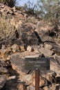 Rattlesnake area sign along a rocky path