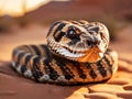 A rattlesnake coiled in the desert sands during sunset