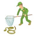 Rattlesnake icon isometric vector. Man in uniform with landing net near snake