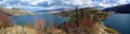 Landscape Panorama of Fall Colors at Rattlesnake Point jutting into Kalamalka Lake, Okanagan Valley, British Columbia