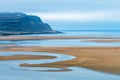 Raudasandur or red sandy beach in the westfjords of Iceland during blue hour. Royalty Free Stock Photo