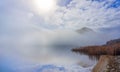 Raupo growing out into calm lake as morning mist and cloud lift Royalty Free Stock Photo