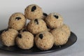 Rava laddu is a South Indian Sweet made with semolina, sugar, ghee, cashews and raisins Royalty Free Stock Photo