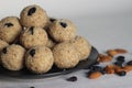 Rava laddu is a South Indian Sweet made with semolina, sugar, ghee, cashews and raisins Royalty Free Stock Photo