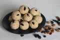 Rava laddu is a South Indian Sweet made with semolina, sugar, ghee, cashews and raisins Royalty Free Stock Photo