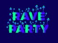 Rave party text with mushrooms growing from letters. Green blue gradient text and mushrooms. Rave psychedelic, acid trip. Design