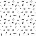 Rave, punk and glam symbols seamless vector pattern in black and white colors