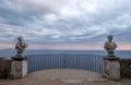 View of the famous busts and the Mediterranean Sea from the Terrace of Infinity at the gardens of Villa Cimbrone, Ravello, Italy