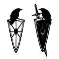 Raven on shield with battle sword black and white vector design set
